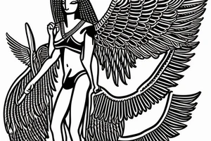 Egyptian goddess Isis kneeling and spreaded wings in fine line tattoo idea