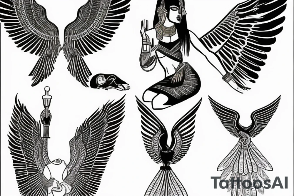 Egyptian goddess Isis kneeling and spreaded wings in fine line tattoo idea