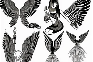 Egyptian goddess Isis kneeling and spreaded wings in fine line tattoo idea