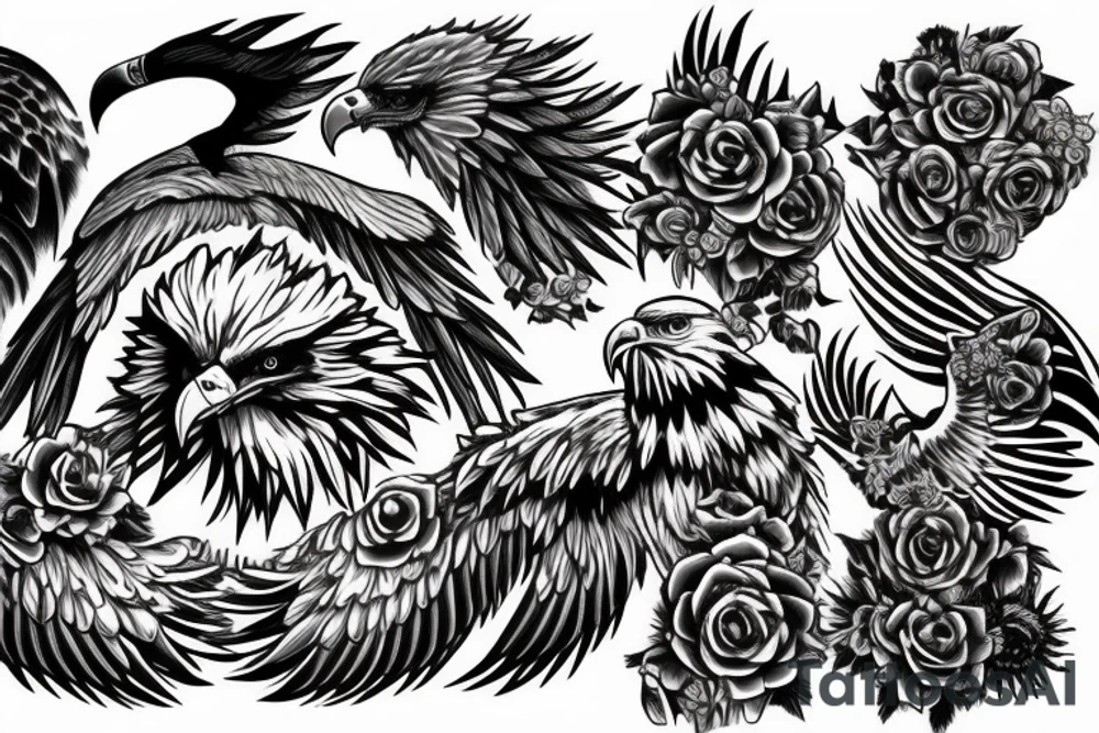 Apocalyptic eagle destroying flowers tattoo idea