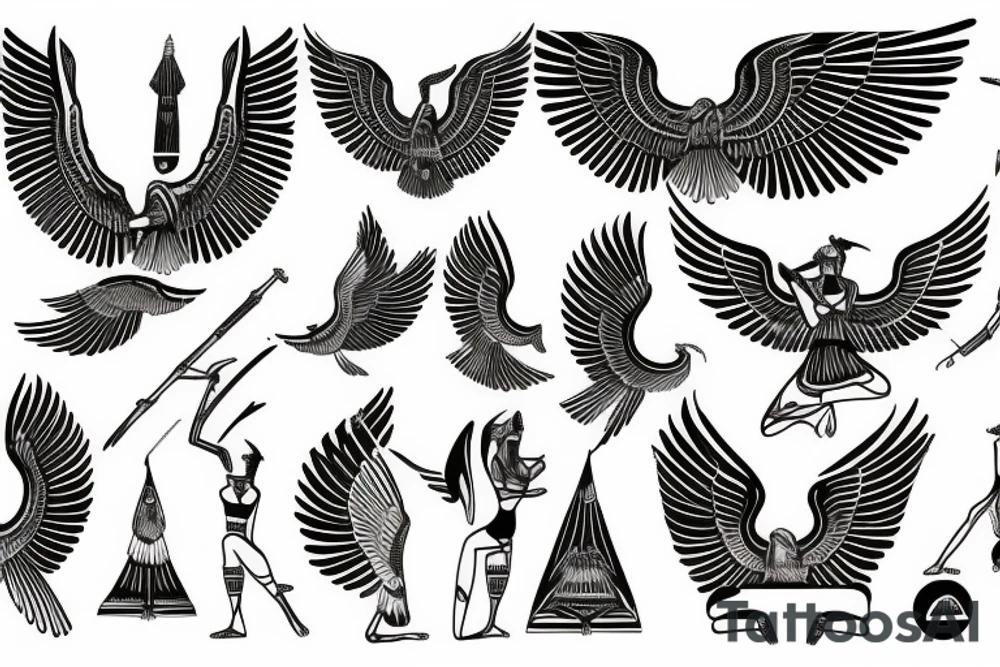 Egyptian goddess Isis kneeling and spreaded wings in fine line tattoo idea