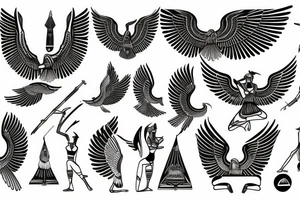 Egyptian goddess Isis kneeling and spreaded wings in fine line tattoo idea