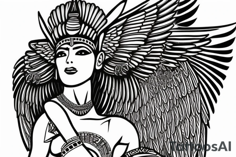 Egyptian goddess Isis kneeling and spreaded wings in fine line tattoo idea