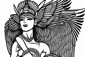 Egyptian goddess Isis kneeling and spreaded wings in fine line tattoo idea