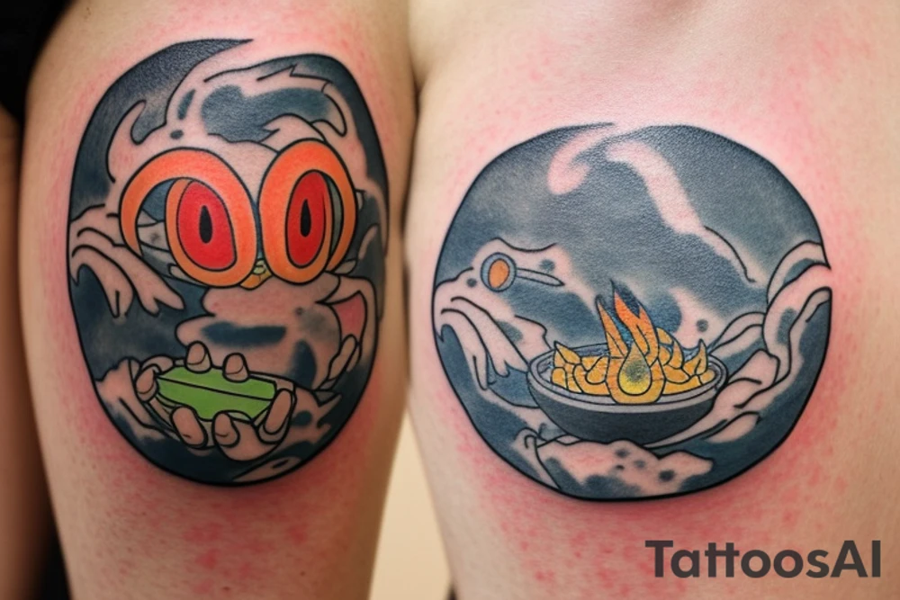 A Miyazaki character calcifer in the center of the tatoo that will represent me, three kodamas characters around it that will represent my two daughters and my son, and three dust bunnies flying around that will represent my three pets tattoo idea