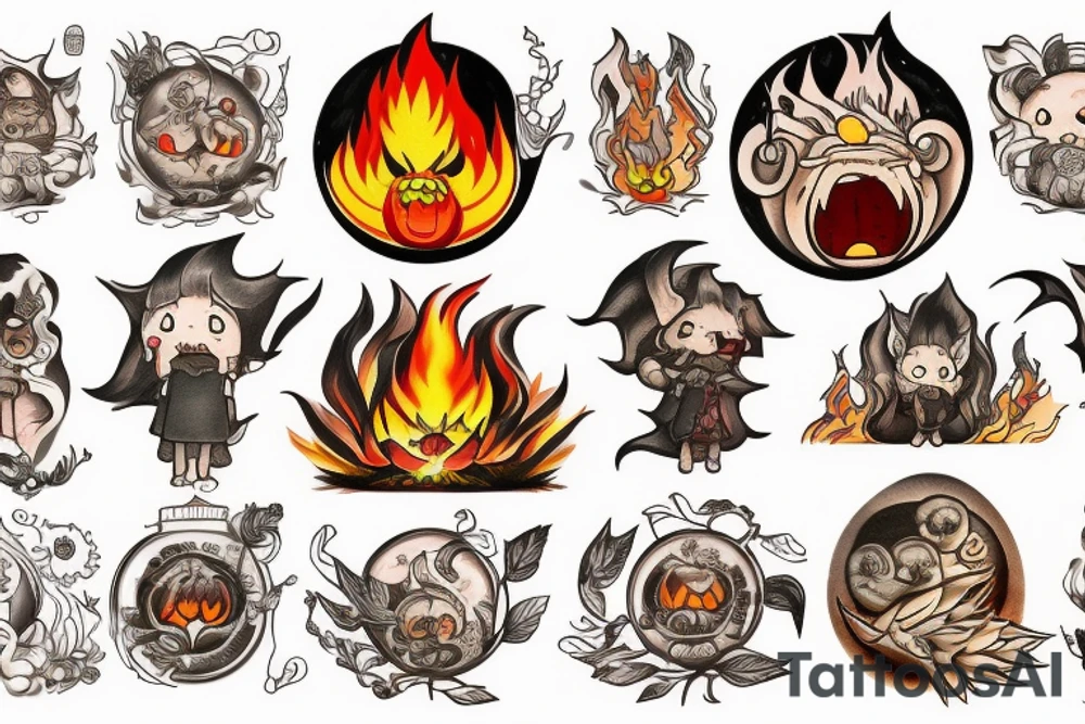 A Miyazaki fire character calcifer in the center of the tatoo, three woods spirits around tattoo idea