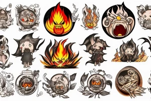 A Miyazaki fire character calcifer in the center of the tatoo, three woods spirits around tattoo idea