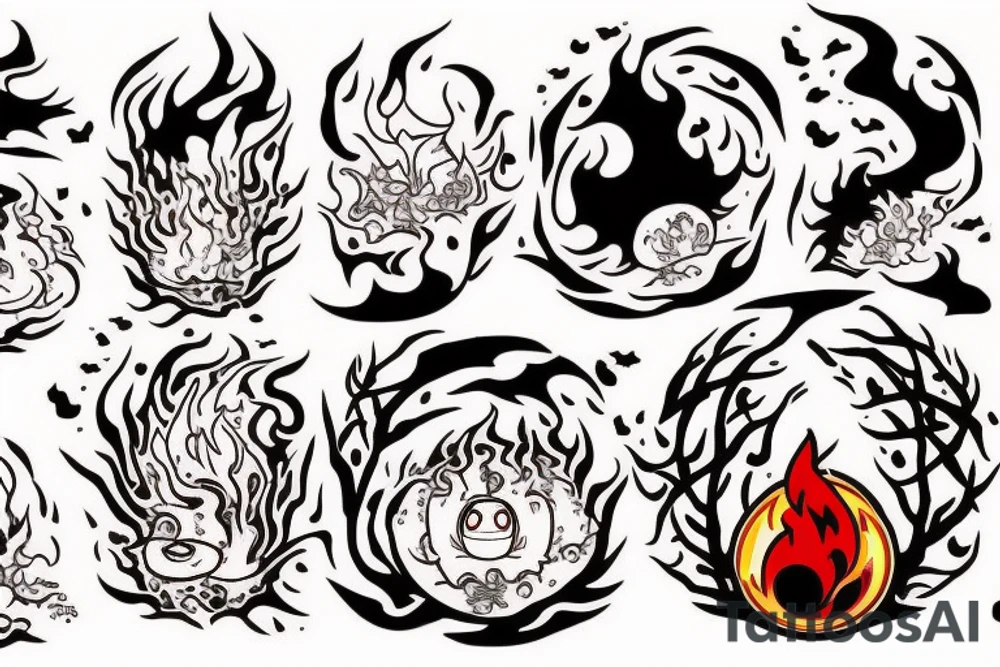A Miyazaki fire character calcifer in the center of the tatoo, three woods spirits around tattoo idea