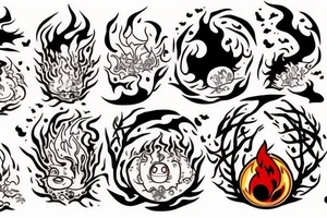 A Miyazaki fire character calcifer in the center of the tatoo, three woods spirits around tattoo idea