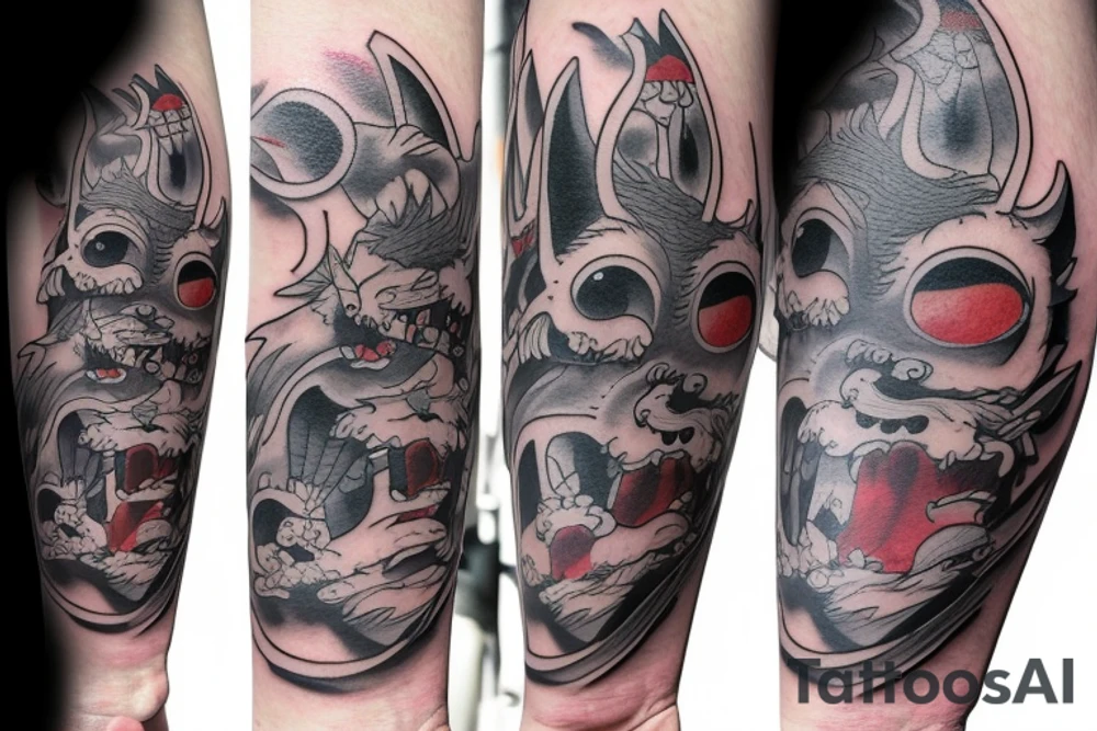 A Miyazaki fire character in the center of the tatoo with three woods spirits flying around tattoo idea