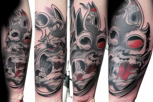 A Miyazaki fire character in the center of the tatoo with three woods spirits flying around tattoo idea