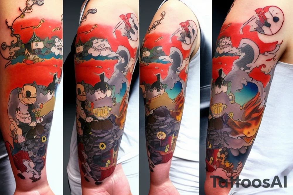 A Miyazaki fire character in the center of the tatoo with three woods spirits flying around tattoo idea