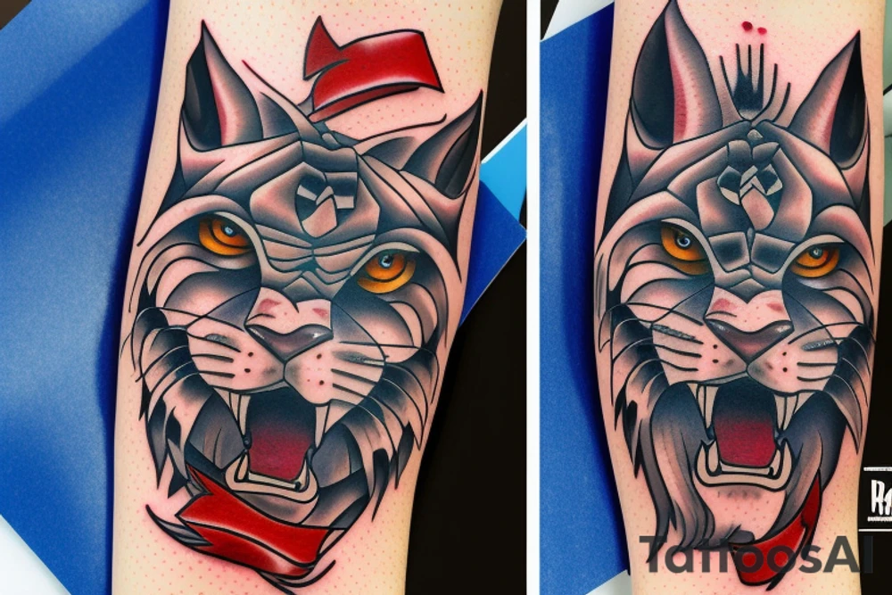 lobo con los ojos azules mirando a un leon con los ojos rojos tattoo idea