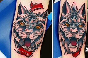 lobo con los ojos azules mirando a un leon con los ojos rojos tattoo idea