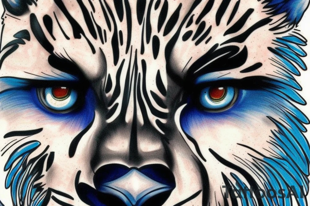 lobo con los ojos azules mirando a un leon con los ojos rojos tattoo idea