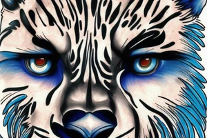 lobo con los ojos azules mirando a un leon con los ojos rojos tattoo idea