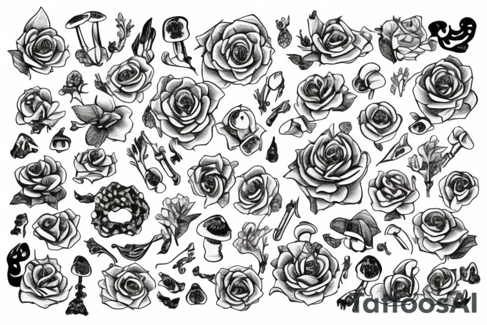 snake surrounded by roses, mushrooms, and death tattoo idea