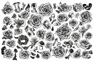 snake surrounded by roses, mushrooms, and death tattoo idea