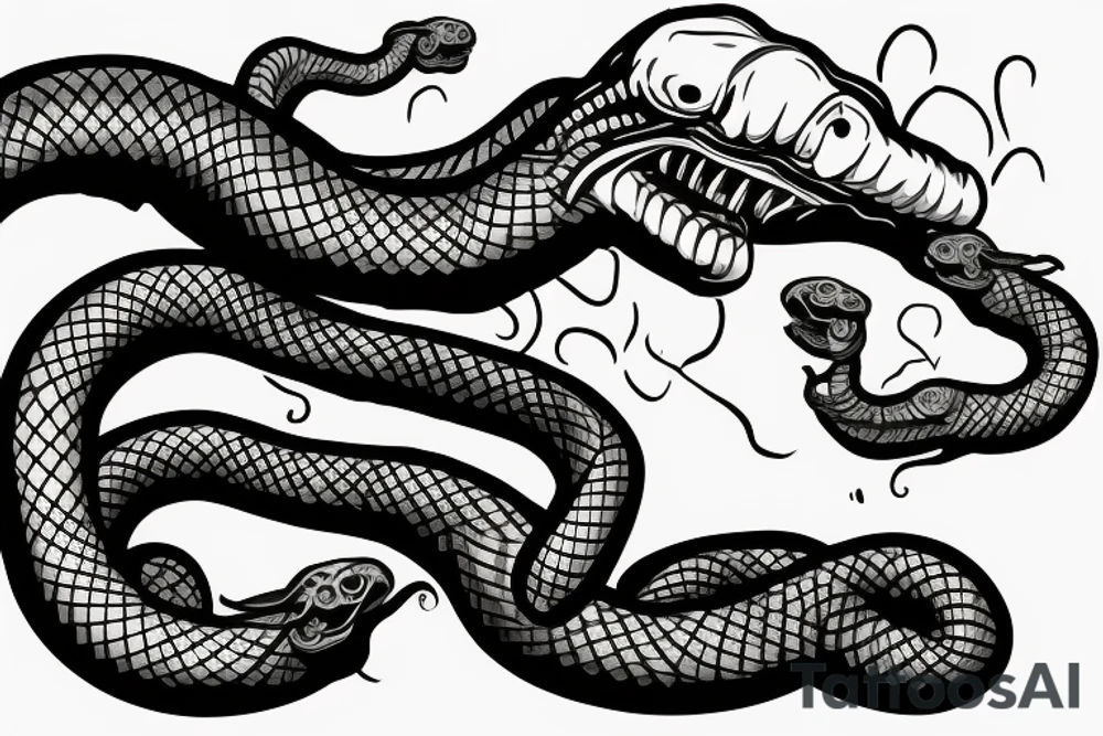 A two head snake ready to bite wrapped around a switchblade in the form of the letter L tattoo idea