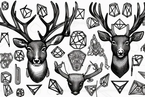 A deer's head with antlers that transform into metal conductors, from which hang benzene rings of LSD tattoo idea
