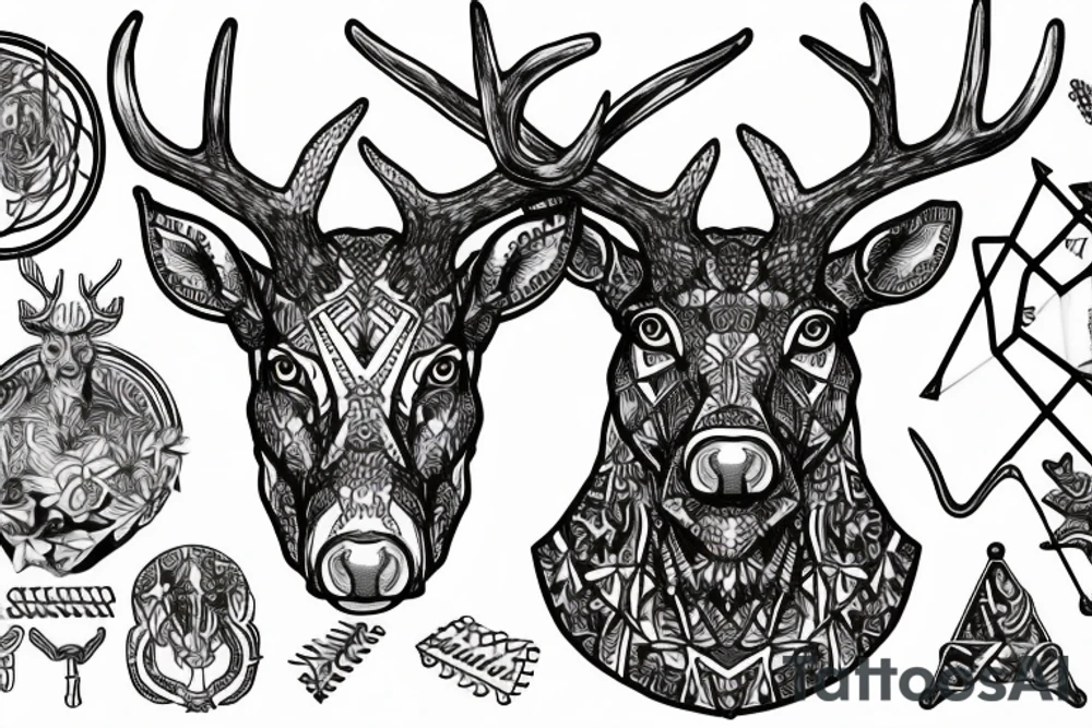 A deer's head with antlers that transform into metal conductors, from which hang benzene rings of LSD tattoo idea