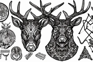 A deer's head with antlers that transform into metal conductors, from which hang benzene rings of LSD tattoo idea