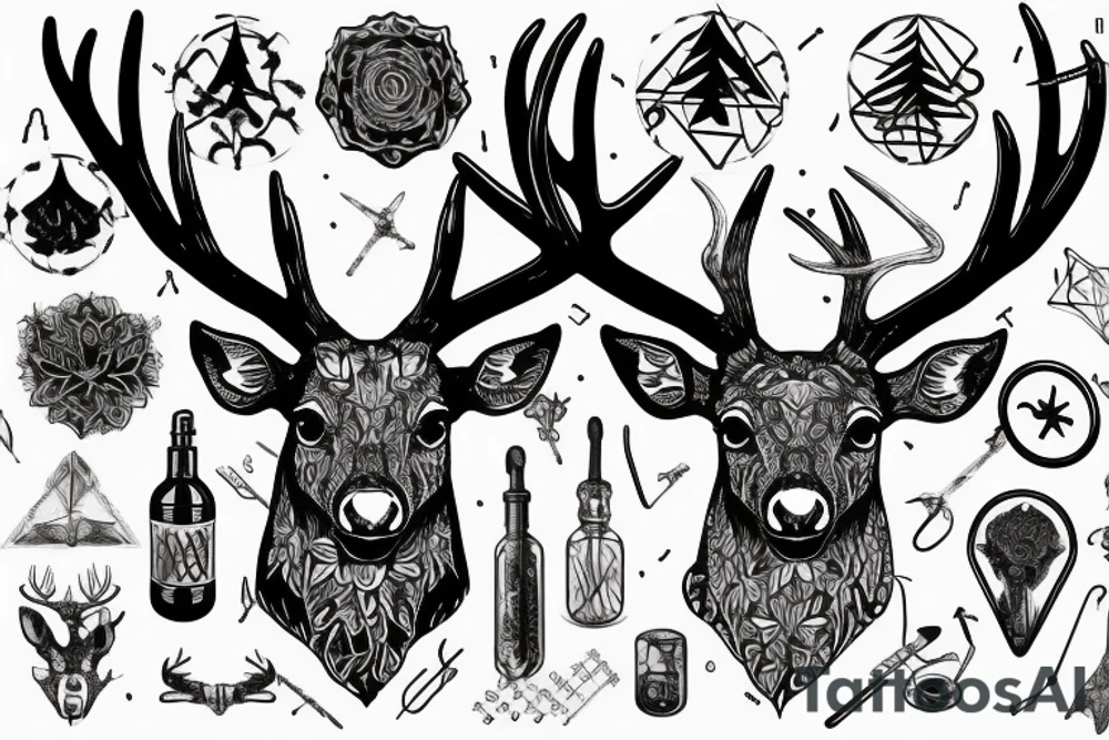 A deer's head with antlers that transform into metal conductors, from which hang benzene rings of LSD tattoo idea