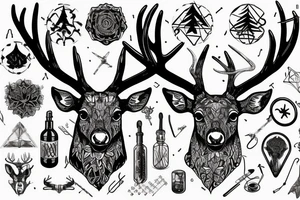 A deer's head with antlers that transform into metal conductors, from which hang benzene rings of LSD tattoo idea