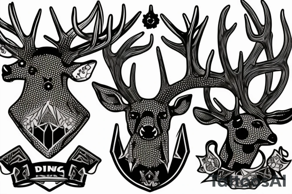 A deer's head with antlers that transform into metal conductors, from which hang benzene rings of LSD tattoo idea