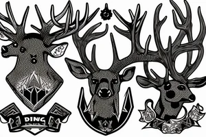 A deer's head with antlers that transform into metal conductors, from which hang benzene rings of LSD tattoo idea