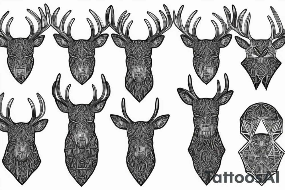 A deer's head with antlers that transform into metal conductors, from which hang benzene rings of LSD tattoo idea