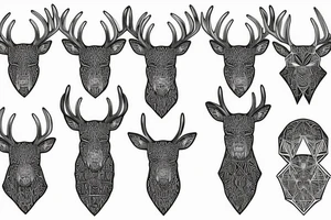 A deer's head with antlers that transform into metal conductors, from which hang benzene rings of LSD tattoo idea