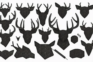 A deer's head with antlers that transform into metal conductors, from which hang benzene rings of LSD tattoo idea