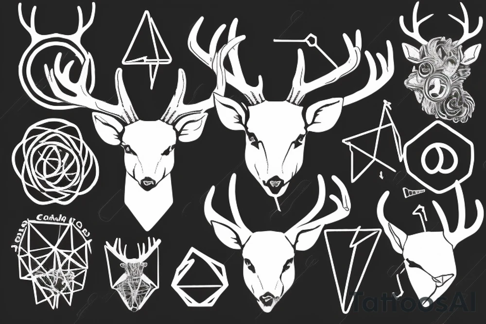 A deer's head with antlers that transform into metal conductors, from which hang benzene rings of LSD tattoo idea