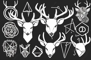 A deer's head with antlers that transform into metal conductors, from which hang benzene rings of LSD tattoo idea