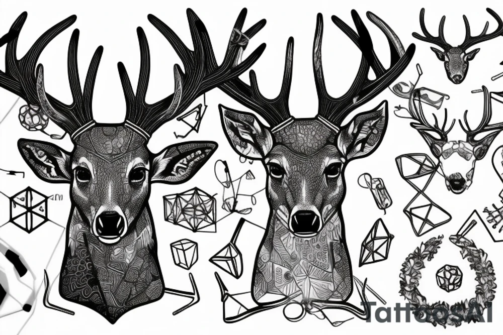 A deer's head with antlers that transform into metal conductors, from which hang benzene rings of LSD tattoo idea