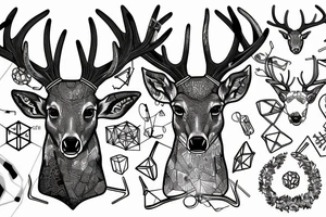 A deer's head with antlers that transform into metal conductors, from which hang benzene rings of LSD tattoo idea