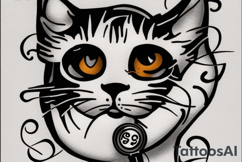 white cat with a black spot in the eye smoking a cigar tattoo idea