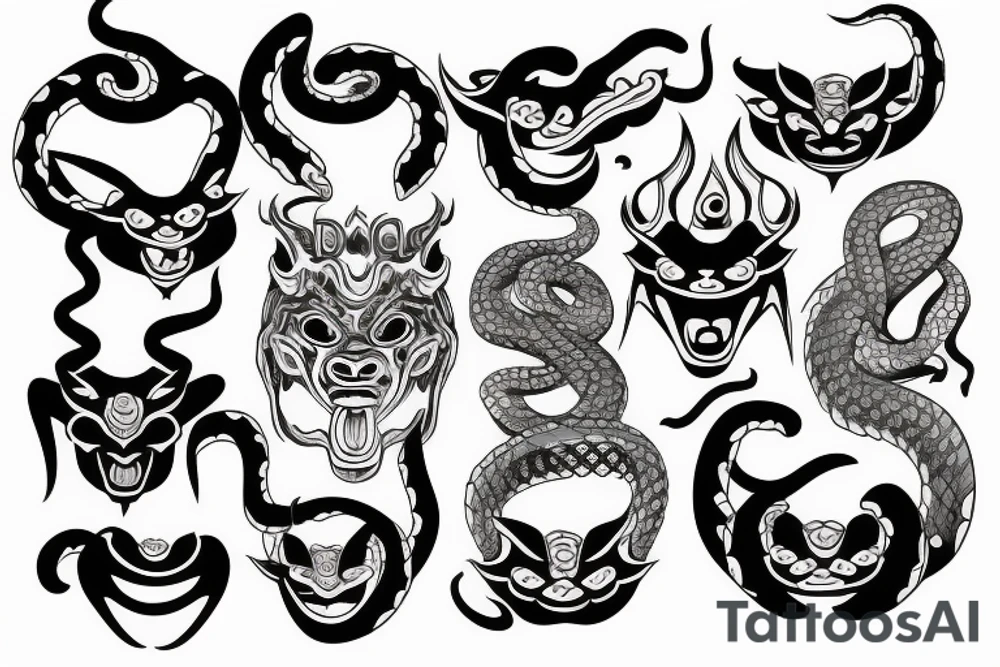 oni mask with snakes tattoo idea
