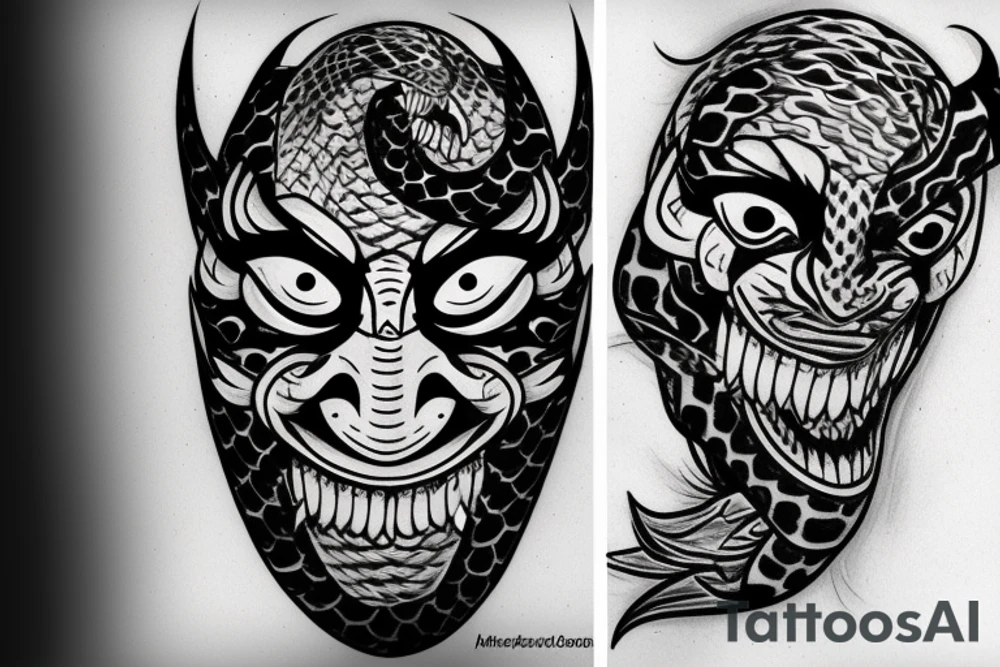 oni mask with snakes tattoo idea