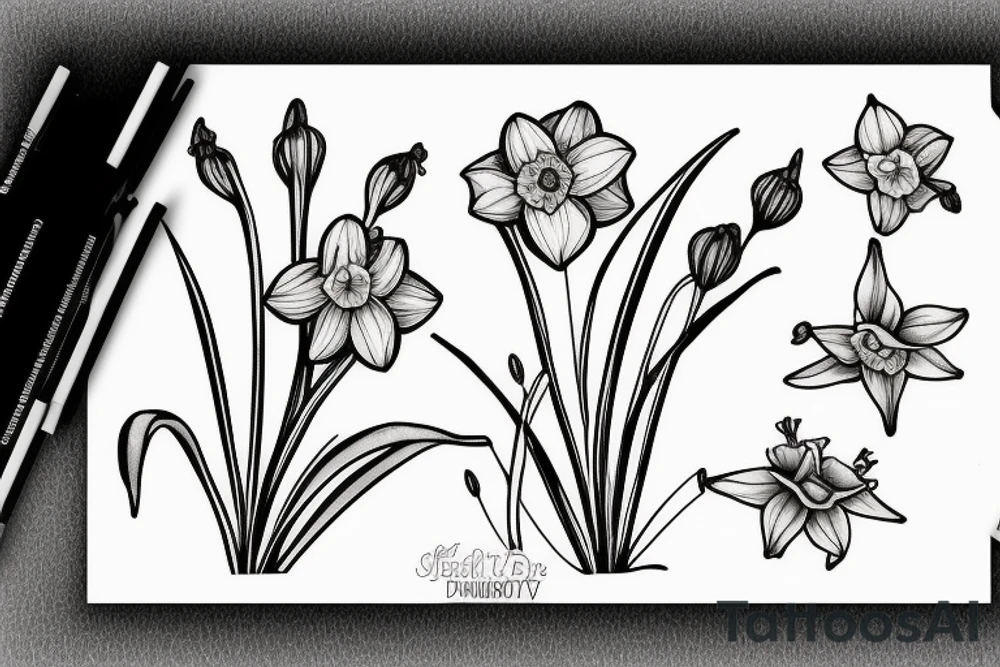 Daffodil, daisy and lily of the valley next to each other tattoo idea
