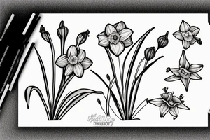 Daffodil, daisy and lily of the valley next to each other tattoo idea