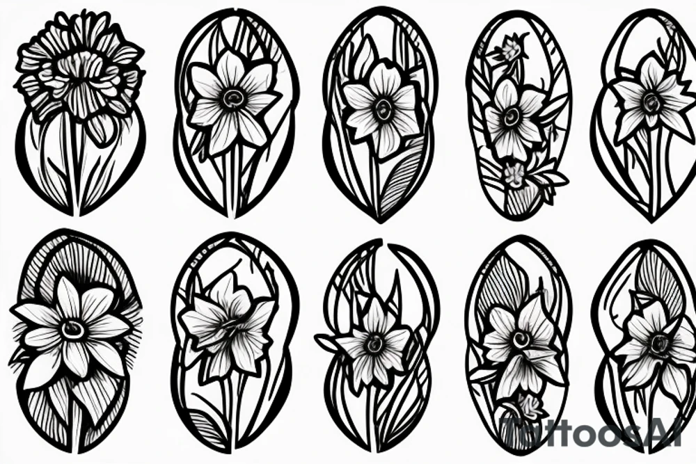 Daffodil, daisy and lily of the valley next to each other tattoo idea