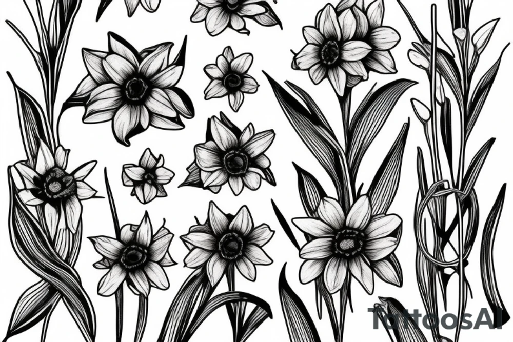 Daffodil, daisy and lily of the valley in a bouquet tattoo idea