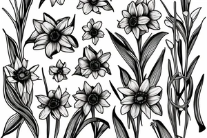 Daffodil, daisy and lily of the valley in a bouquet tattoo idea