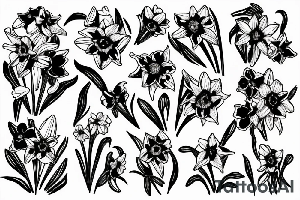 Daffodil, daisy and lily of the valley in a bouquet tattoo idea