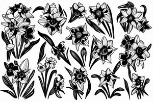Daffodil, daisy and lily of the valley in a bouquet tattoo idea