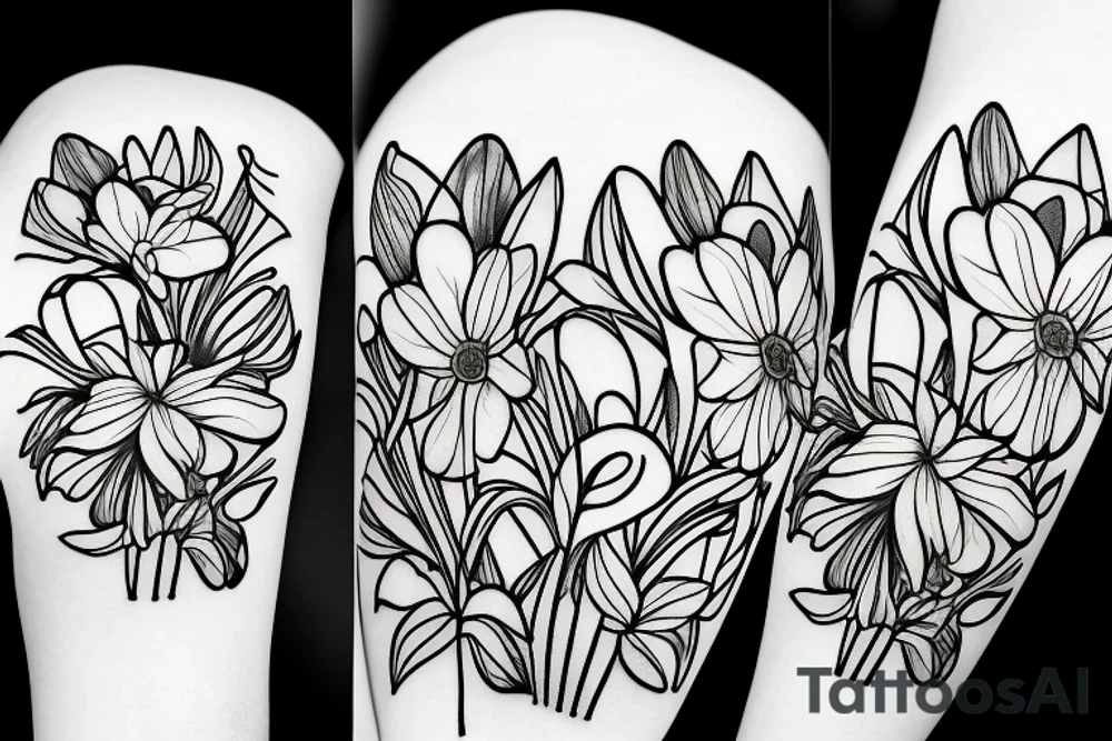 Daffodil, daisy and lily of the valley in a bouquet tattoo idea