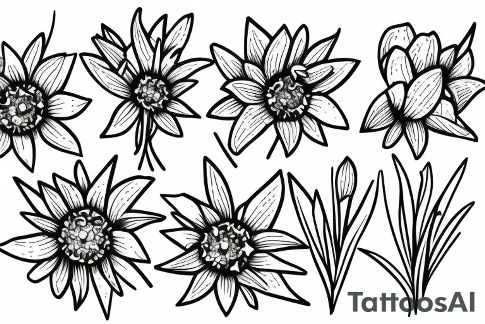 Daffodil, daisy and lily of the valley in a bouquet tattoo idea