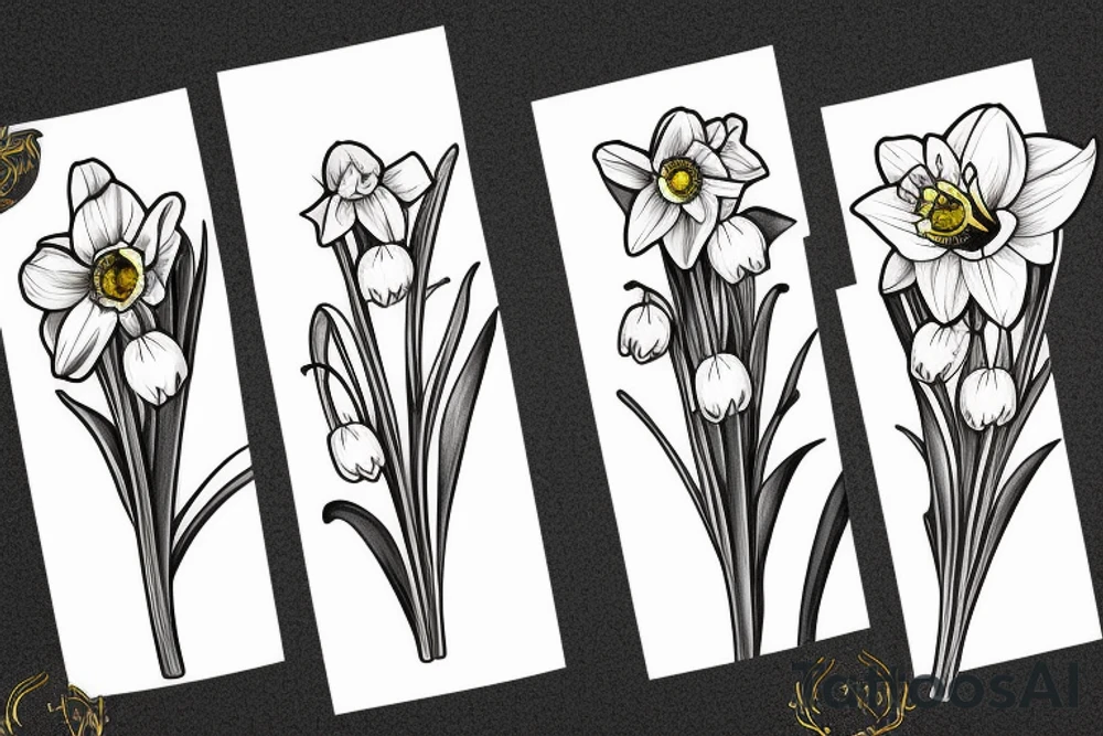 Daffodil, daisy and lily of the valley in a bouquet tattoo idea
